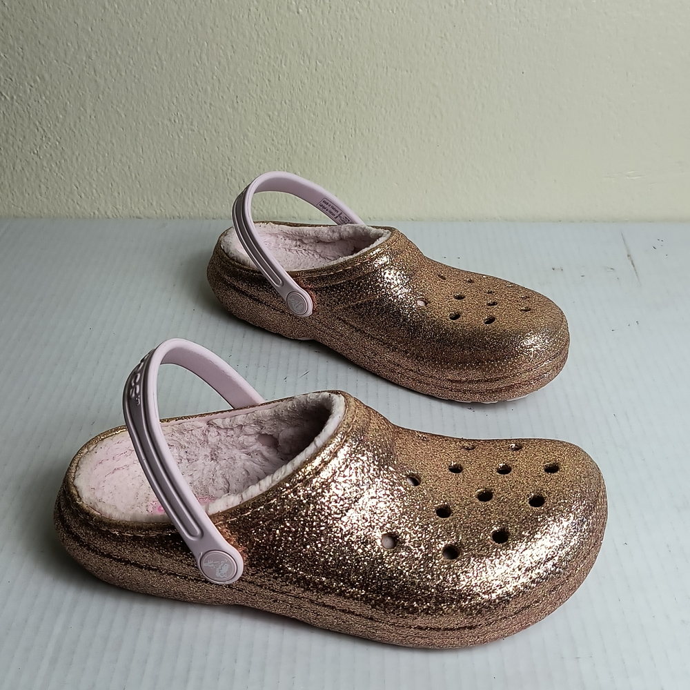 CROCS Classic Junior 5 Glittery Gold Clogs with Pink Strap Lined